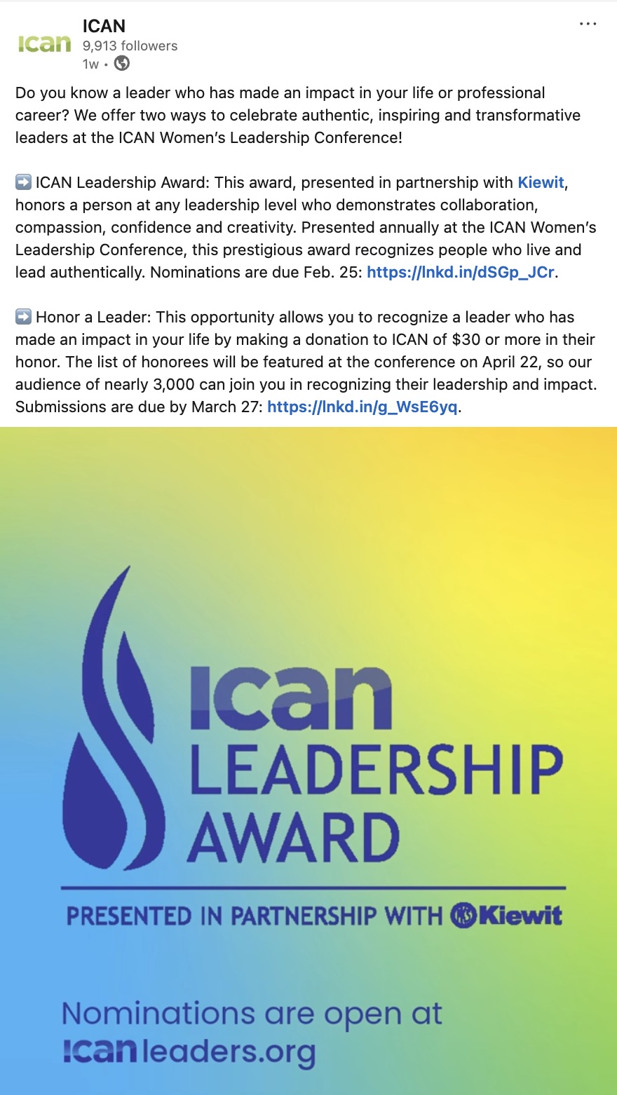Thumbnail of WLC leadership awards LinkedIn post