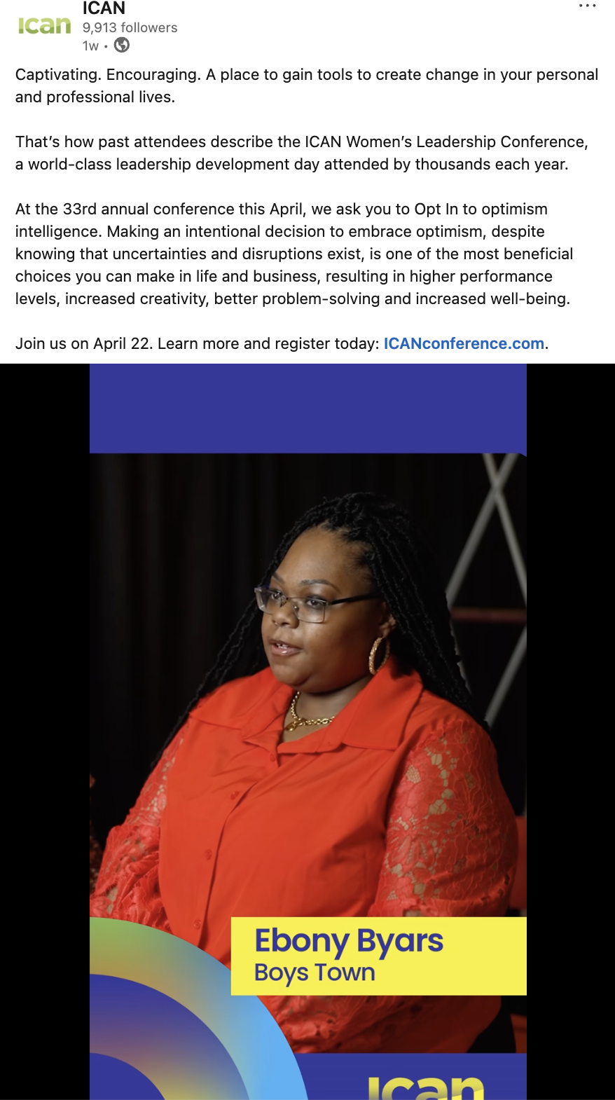 Thumbnail if ICAN WLC Ebony Byars testimonial LinkedIn post