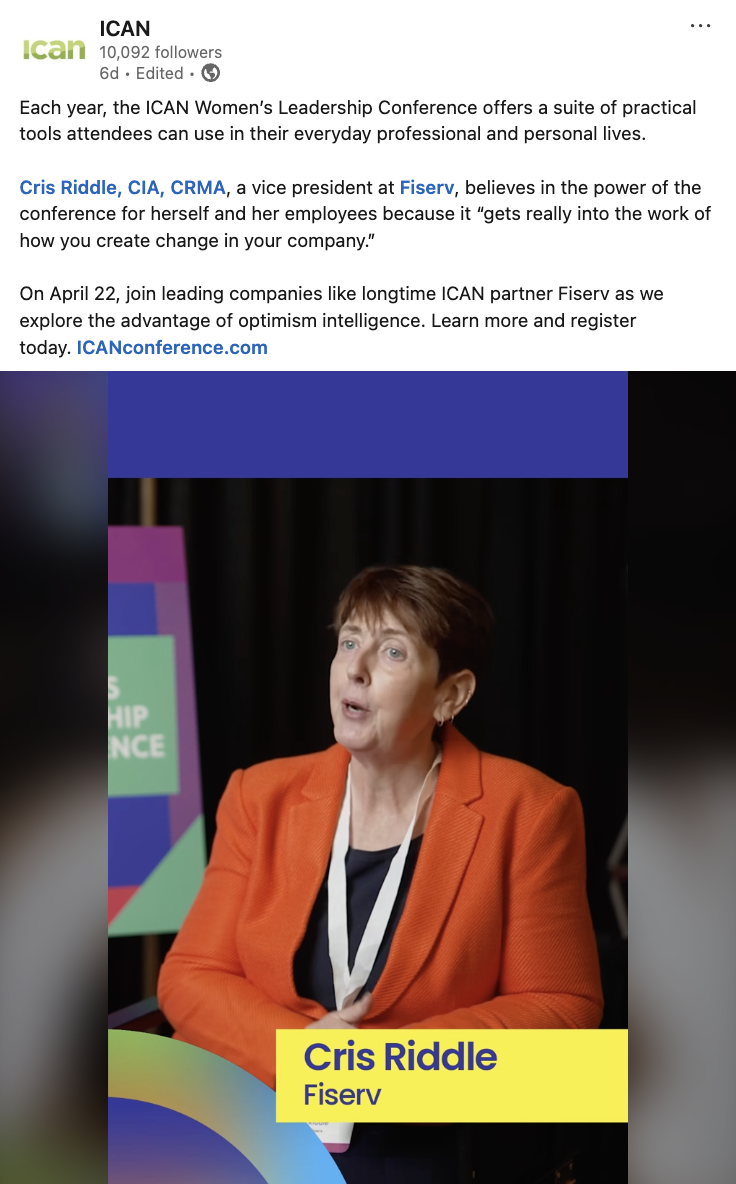 Thumbnail of ICAN WLC Cris Riddle testimonial LinkedIn post